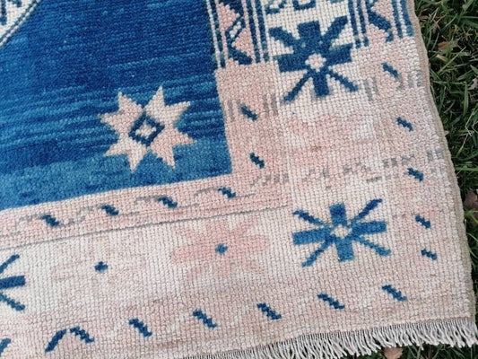 4.5 x 5.7 Oushak turkish rug, blue vintage wool rug,  vintage hand made wool rug,