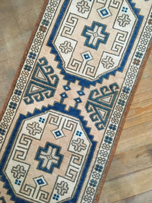2x3 feet vintage small rug, oushak bedroom small rug, entryway blue small rug, turkish kitchen mini rug,, muted persian design bathroom rug