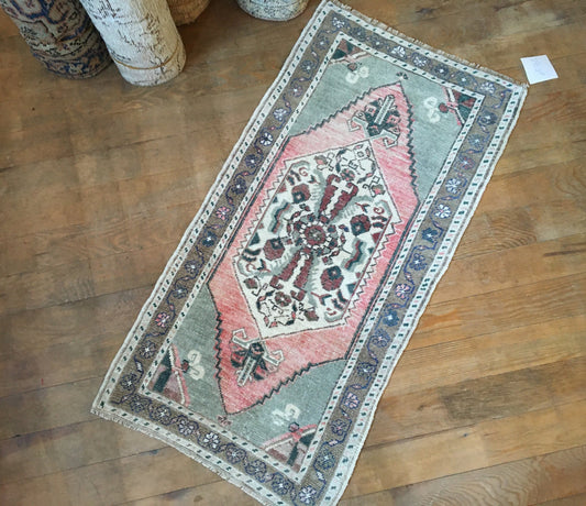 2x3 feet pink handmade mini rug, turkish bedroom small rug, kitchen oushak mini rug, grey muted color bath mat, vintage bathroom wool rugs