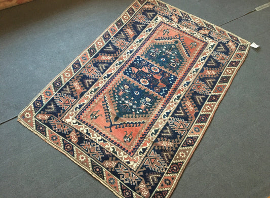 4x6 feet blue hand knotted vintage rug, turkish living room floor rug, hallway area wool rug, muted color oushak bedroom rug, bathroom rugs