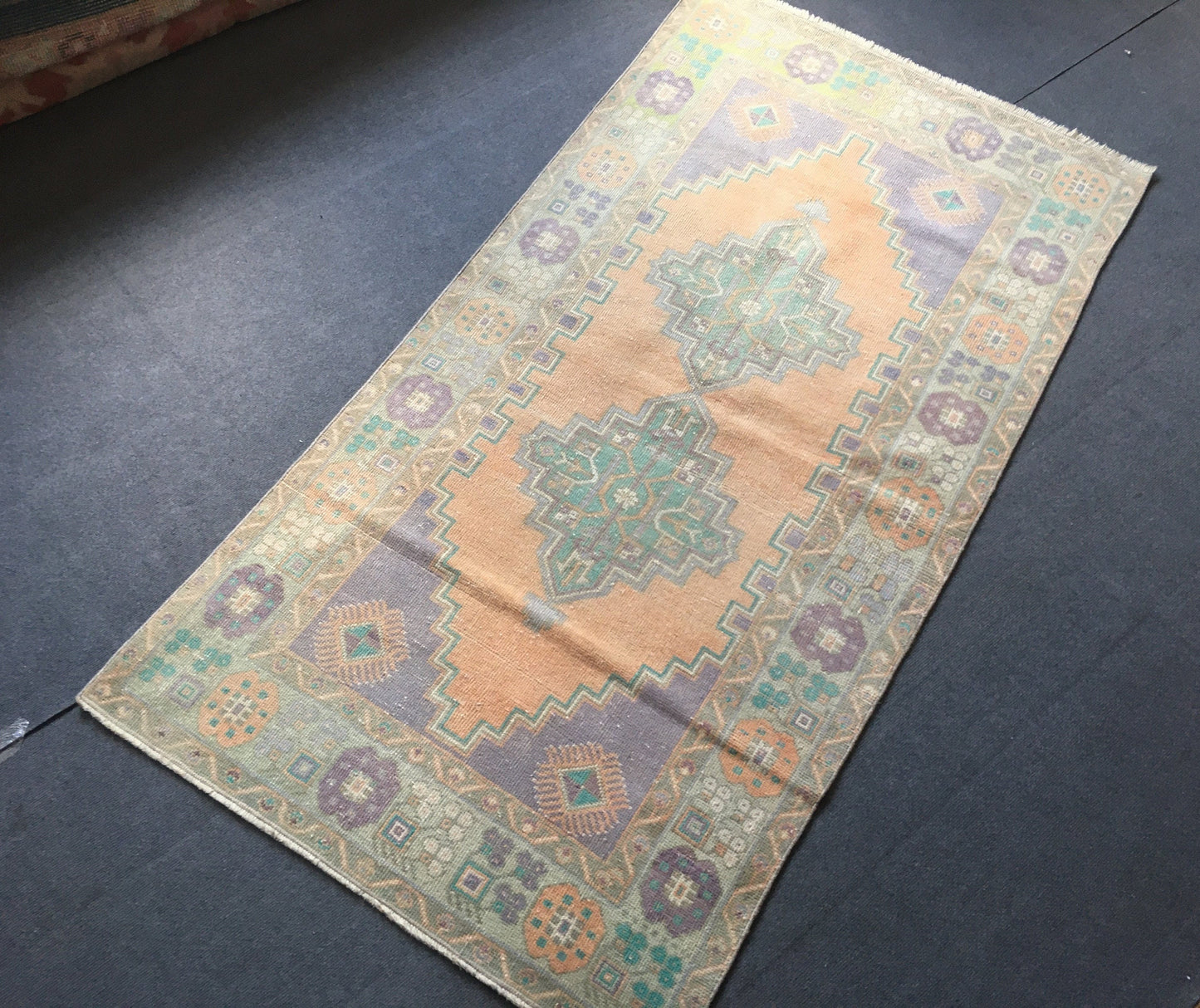 3.5 x 7 feet faded color orange turkish kitchen floor rug, handmade