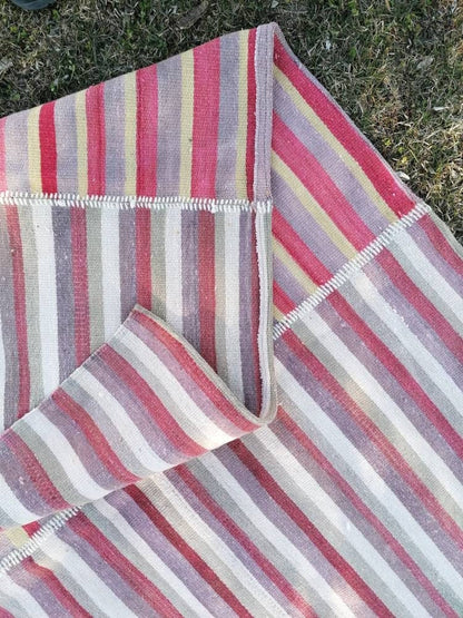 9.5 x 9.9 Flatwoven kilim rug stripe turkish handmade rug, Flatwoven vintage oushak rug, wool rug