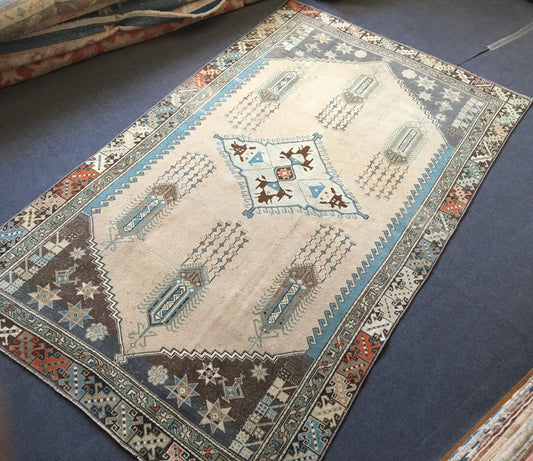 5x9 feet handmade bedroom area large rug, wide turkish living room rug, muted color blue vintage rug, kitchen area largest rug, bohemian rug