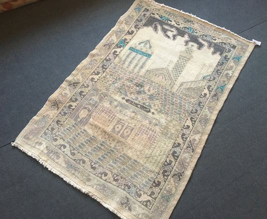 3.6 x 5.5 feet handmade muted bedroom rug, vintage grey wool wall rug