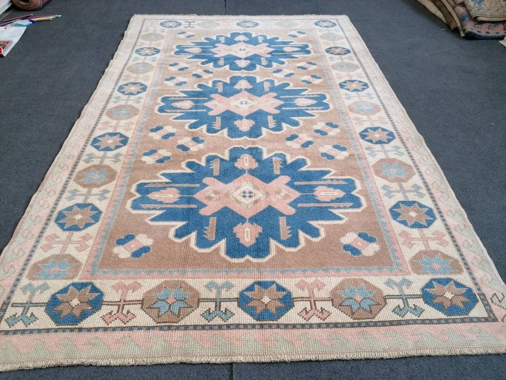 4.5 x 7.3 Turkish rug blue wool rug, vintage oushak rug, handmade rug