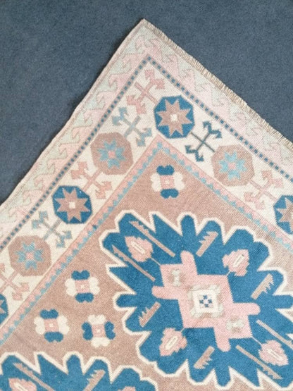 4.5 x 7.3 Turkish rug blue wool rug, vintage oushak rug, handmade rug