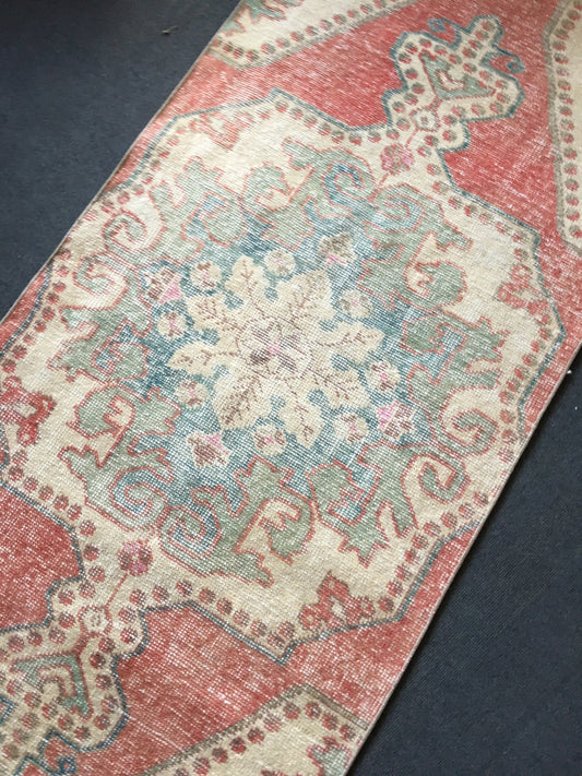 3 x 7 feet destroyed handmade runner rug, vintage red bathroom runner,