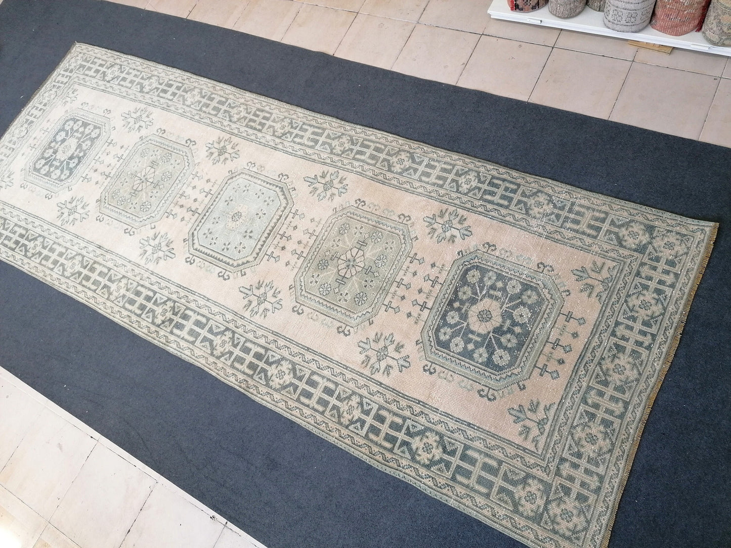 4.3 x 11.3 turkish runner rug, vintage oushak runner rug,