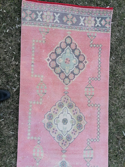 Vintage runner rug 2.10 x 22.10 pink extra long runner rug, oushak wool handmade runner