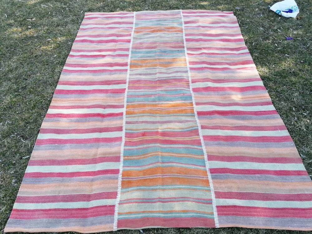 Flatwoven kilim rug 6.4 x 8.8  stripe hand made rugs, vintage turkish rug