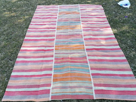 Flatwoven kilim rug 6.4 x 8.8  stripe hand made rugs, vintage turkish rug