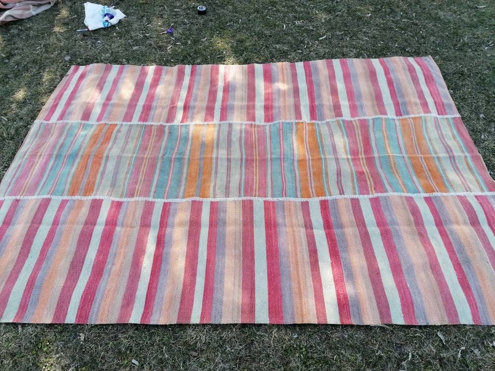Flatwoven kilim rug 6.4 x 8.8  stripe hand made rugs, vintage turkish rug