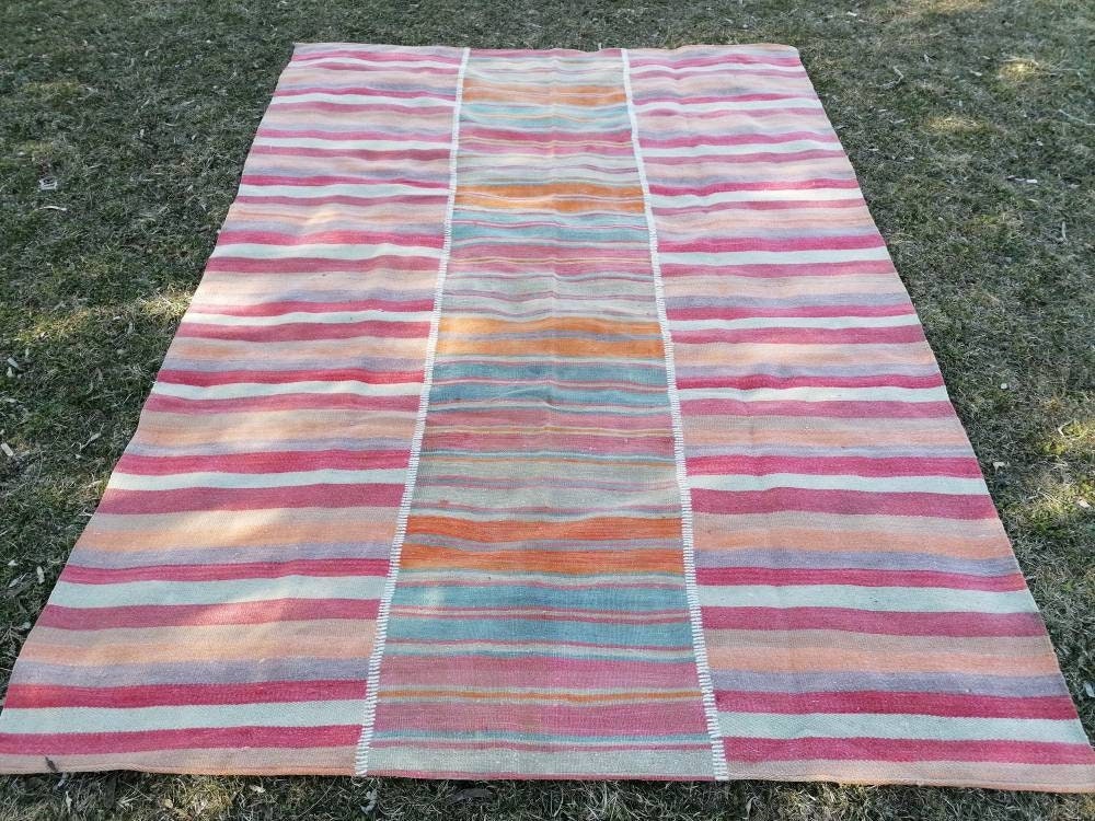 Flatwoven kilim rug 6.4 x 8.8  stripe hand made rugs, vintage turkish rug