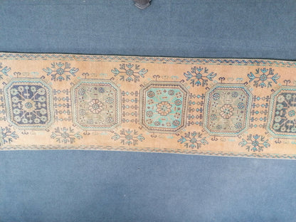 2.10 x 11 oushak turkish runner rug, vintage turkish runner rug,