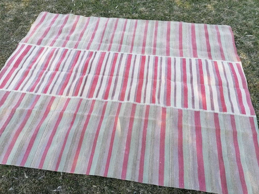 6.9 x 8.5 flatwoven kilim rug, stripe turkish hand made rugs  vintage rug