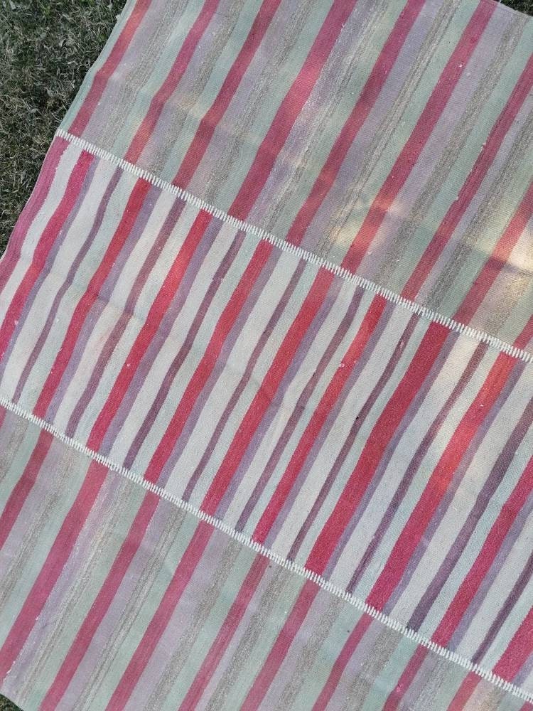6.9 x 8.5 flatwoven kilim rug, stripe turkish hand made rugs  vintage rug
