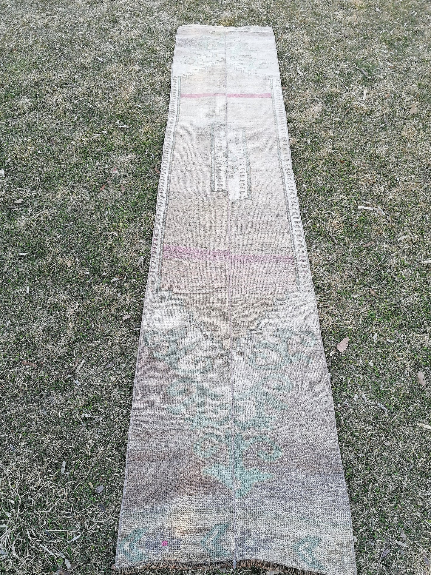 Turkish patchwork runner rug 2.2 x 11 neatural runner rug, vintage oushak rug,