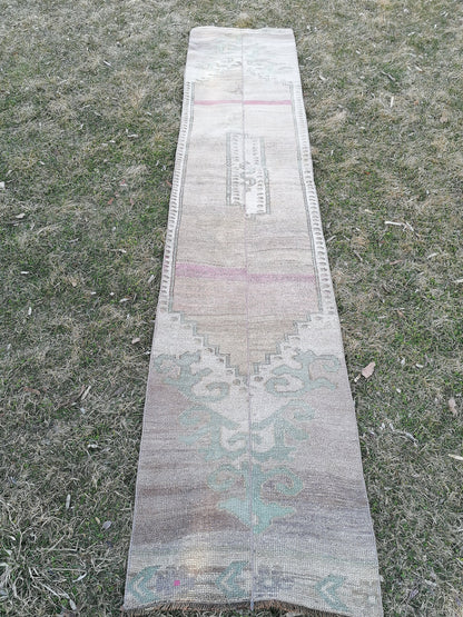 Turkish patchwork runner rug 2.2 x 11 neatural runner rug, vintage oushak rug,