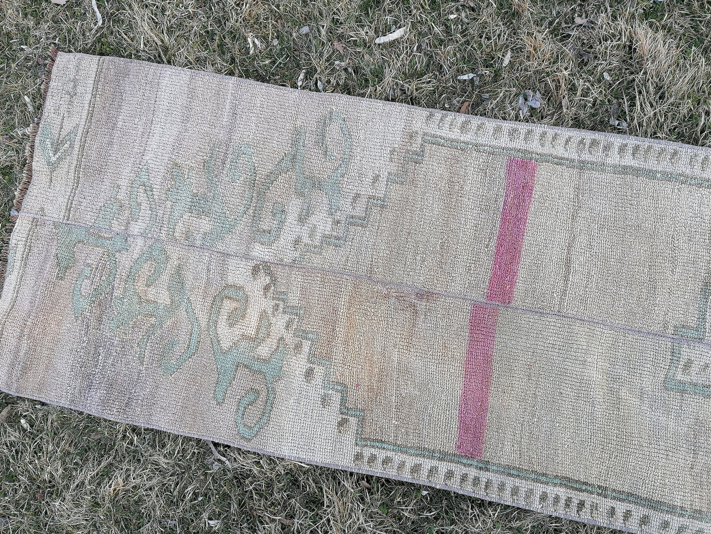 Turkish patchwork runner rug 2.2 x 11 neatural runner rug, vintage oushak rug,