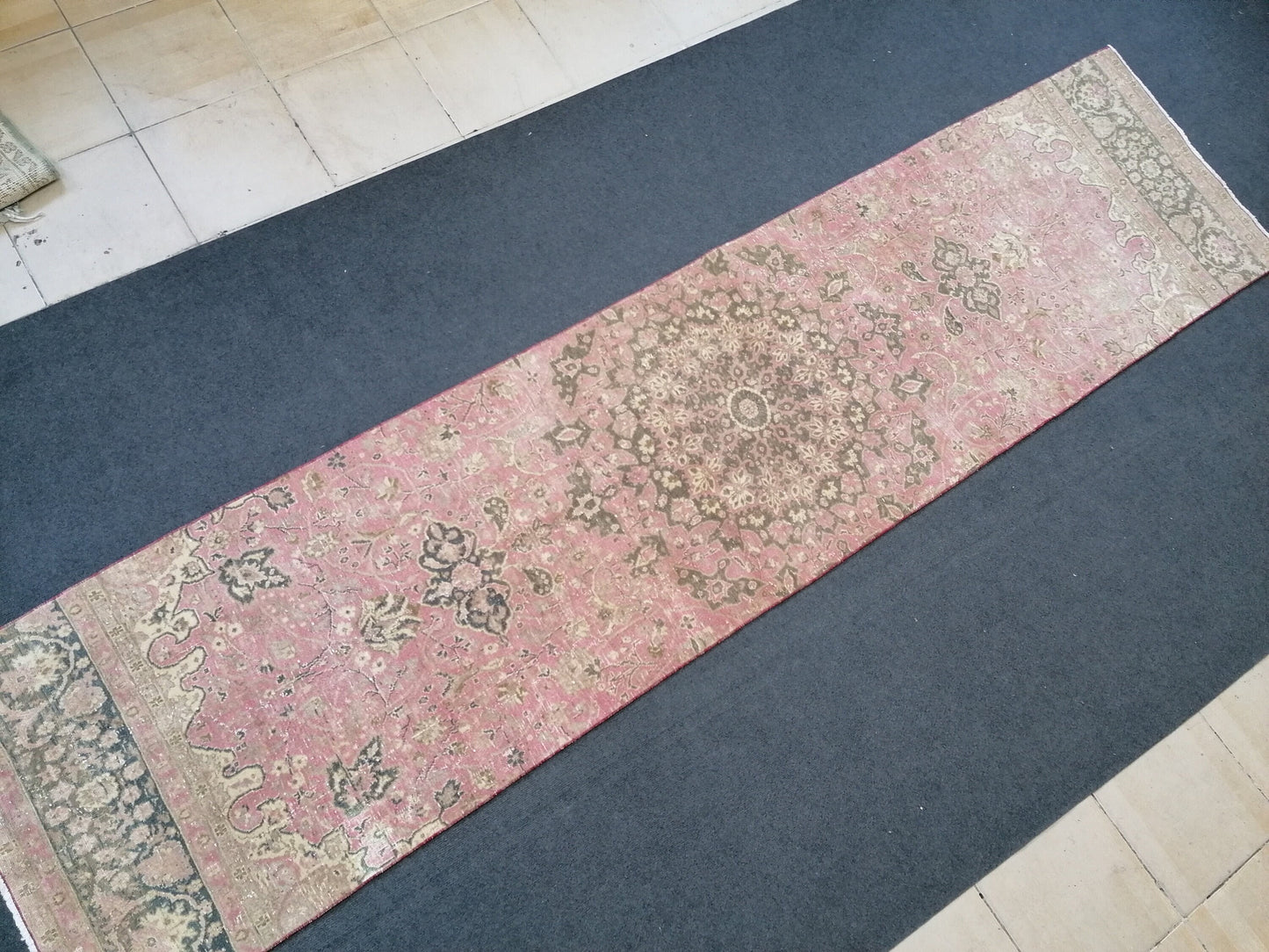 Turkish runner rug 2.7 x 10.7 pink runner rug, vintage oushak runner