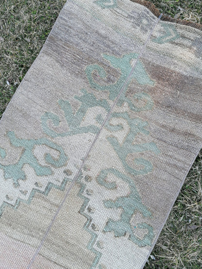 Turkish patchwork runner rug 2.2 x 11 neatural runner rug, vintage oushak rug,