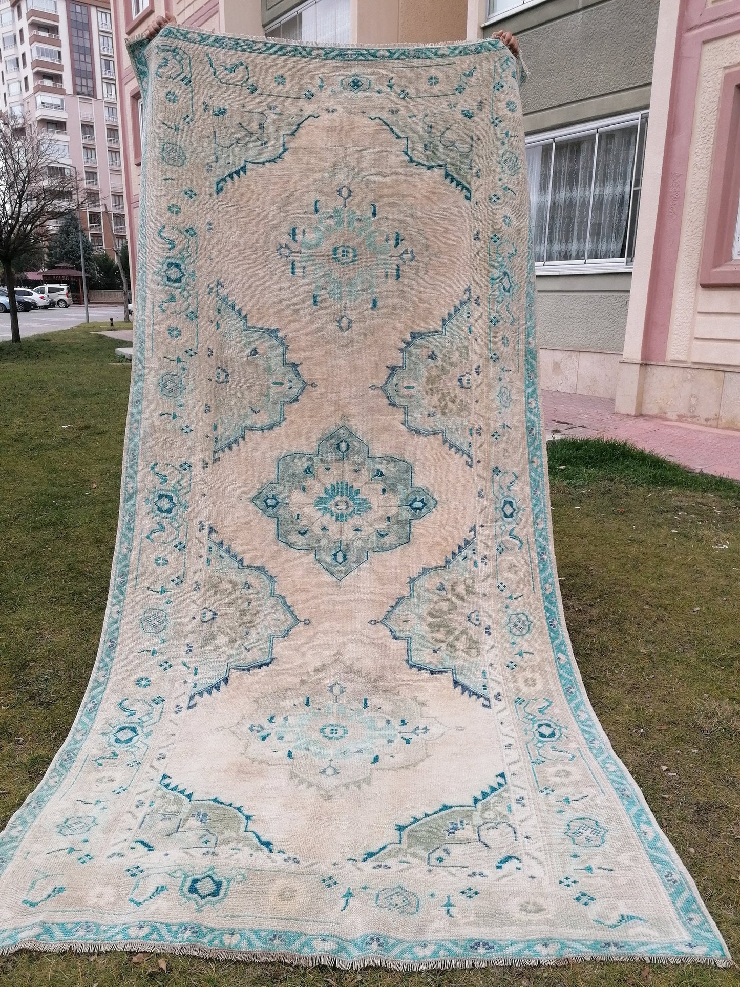 5.4 x 10.8 Oushak wool rug  long faded blue oushak runner rug vintage runner, hallway runner, kitchen runner rug