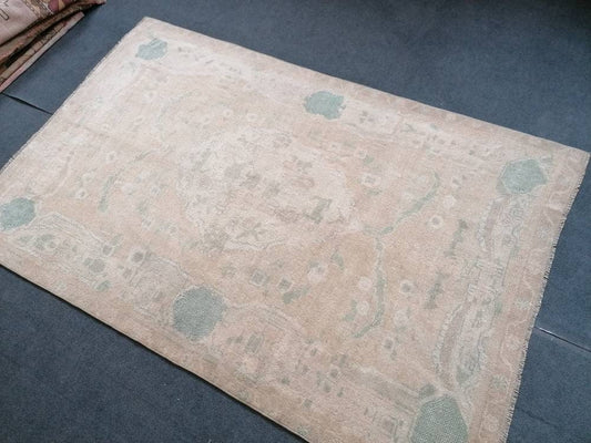 4.9 x 7.3 feet Vintage oushak wool rug, natural color rug, muted vintage rug, hand made rug