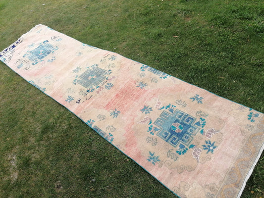 3 x 12 Turkish wool runner rug, blue runner rug, vintage runner rug, kitchen runner rug,hallway runner rug, oushak runner