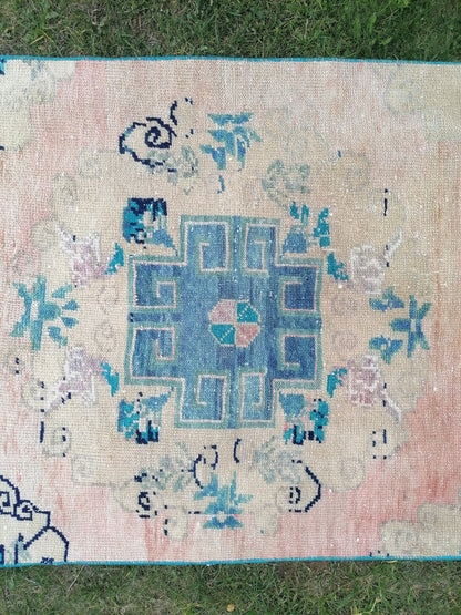 3 x 12 Turkish wool runner rug, blue runner rug, vintage runner rug, kitchen runner rug,hallway runner rug, oushak runner