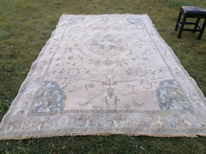 Muted turkish rug 8.2 x 5.4 pastel turkish rug, vintage turkish rug, oushak vintage rug, vintage anatolian handmade rug