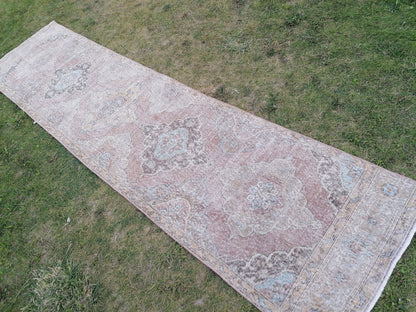 3.2 x 12.9 oushak turkish runner rug, kitchen wool runner rug ,vintage hallway rug, vintage hand made rug
