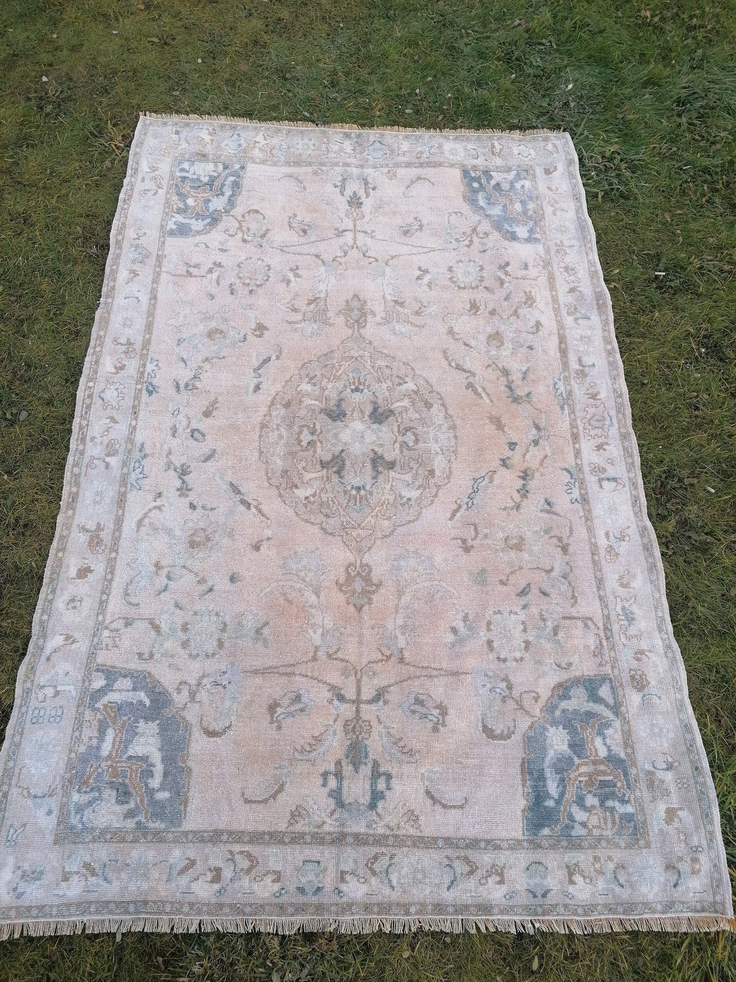 Muted turkish rug 8.2 x 5.4 pastel turkish rug, vintage turkish rug, oushak vintage rug, vintage anatolian handmade rug