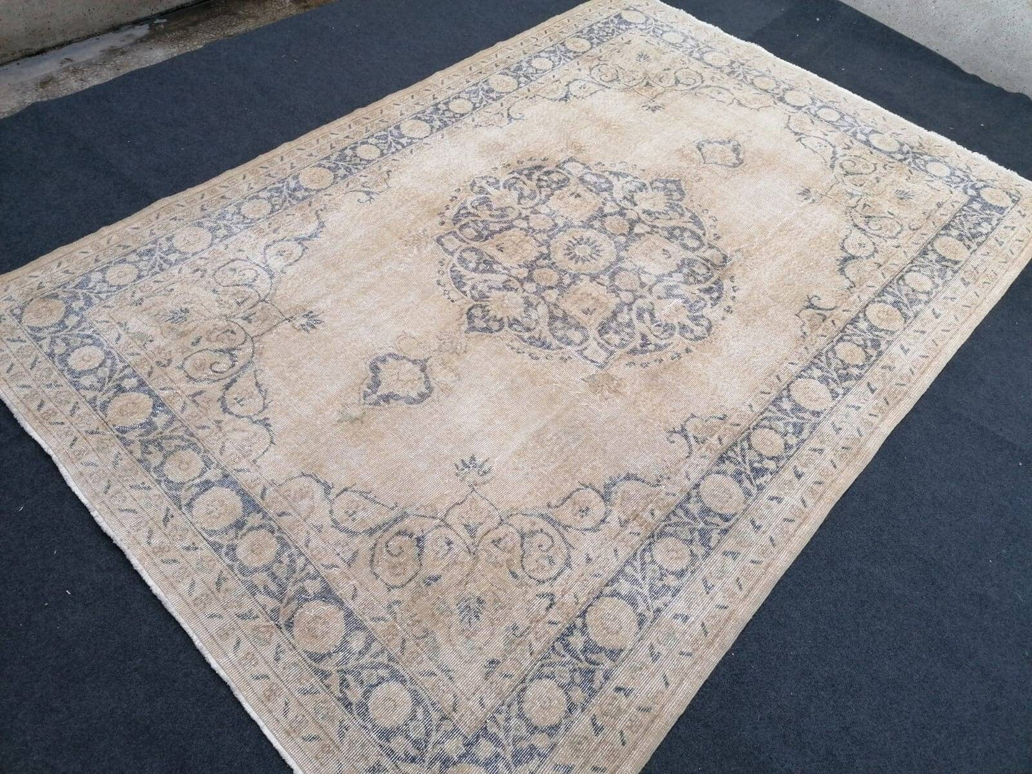 7 x 10.2 large oushak rug, vintage blue rug, muted turkish rug, hand made vintage wool rug,