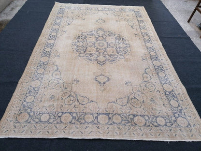 7 x 10.2 large oushak rug, vintage blue rug, muted turkish rug, hand made vintage wool rug,