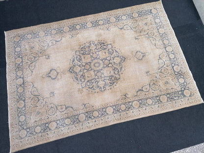 7 x 10.2 large oushak rug, vintage blue rug, muted turkish rug, hand made vintage wool rug,