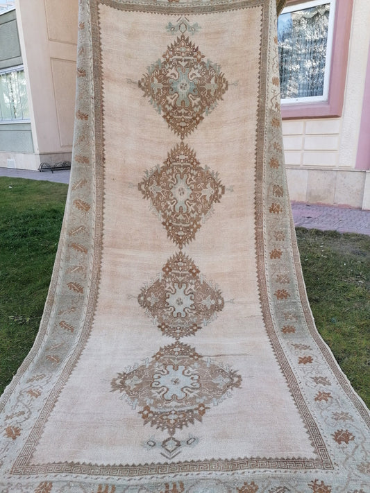 11.6 x 5.7 Muted soft colors rug, oushak vintage turkish rug, vintage kitchen rug, vintage unique handmade