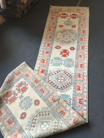 2.5 x 7.5 feet vintage bohemian long runner, handmade turkish wool runner