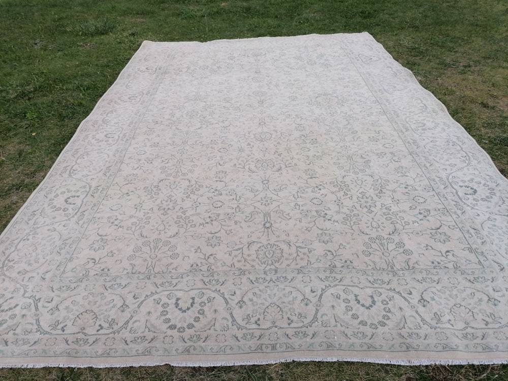 6.6 x 9.6 wool rug, oushak handmade rug,muted hand-knotted rug, living room rug