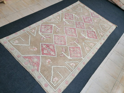 4.10 x 8.5 Neutral oushak rug, vintage wool rug turkish handmade rug runner rug, living room rug, kitchen runner