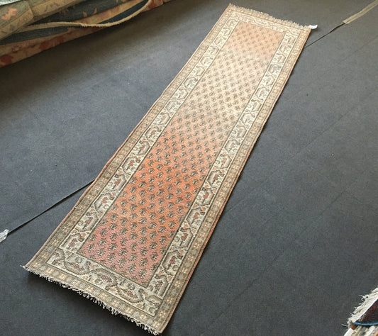 2x9 feet long persian design handmade runner rug, vintage wool red muted color living room area long runner, bohemian retro kitchen runners