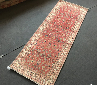 2.6 x 6.7 feet handmade floral living room area runner, vintage hand-knotted rug