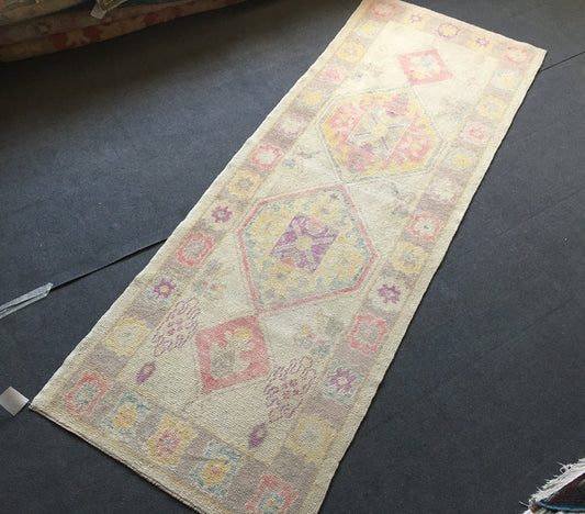 3x8 feet handmade new turkish runner rug, vintage destroyed beige wool kitchen floor runner, long oushak purple living room area runner rug