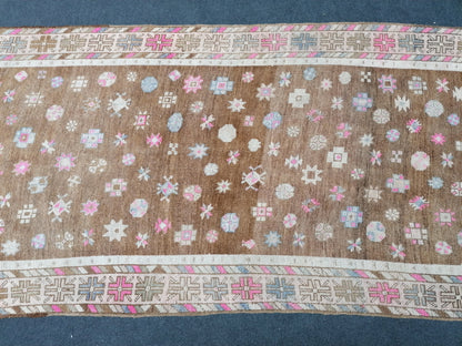 4.4 x 11 neutral oushak turkish runner rug, vintage turkish runner rug, oushak vintage rug, vintage rug