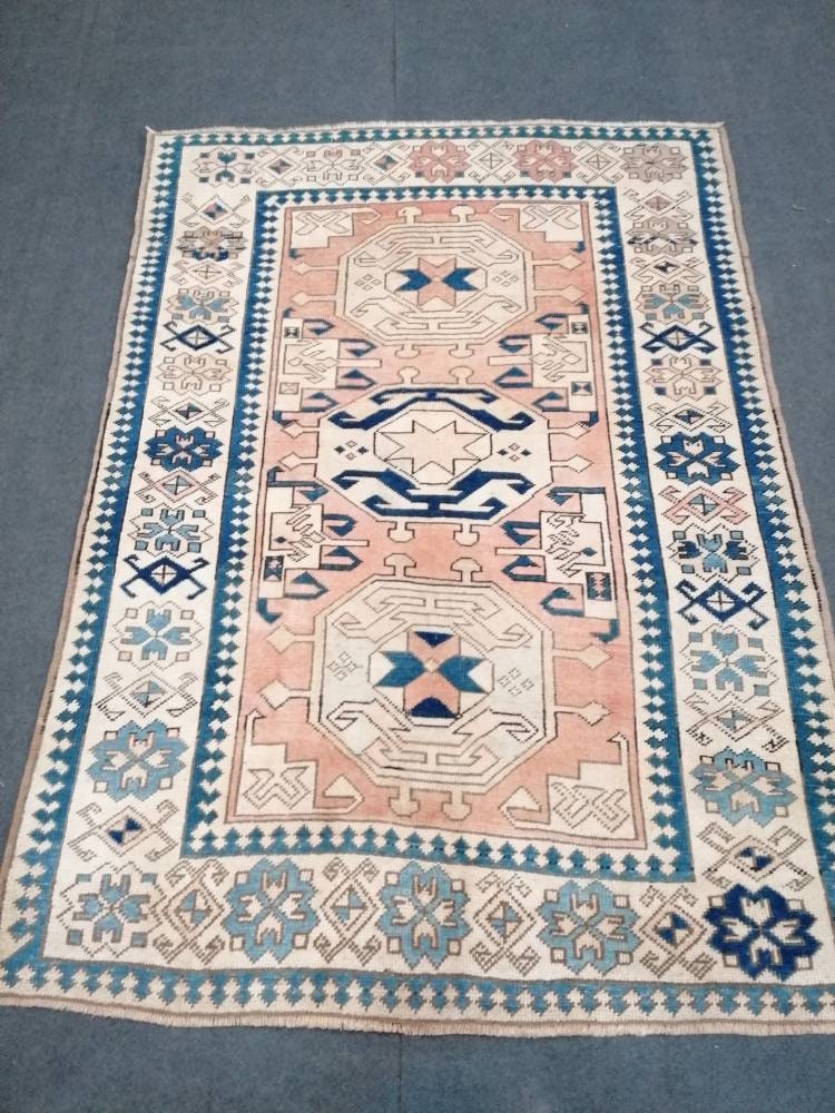 4.7 x 6 Oushak rug, blue turkish rug vintage rug  vintage oushak rug unique hand made rug kitchen rug bohemian rug