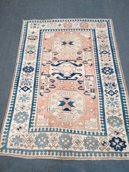 4.7 x 6 Oushak rug, blue turkish rug vintage rug  vintage oushak rug unique hand made rug kitchen rug bohemian rug