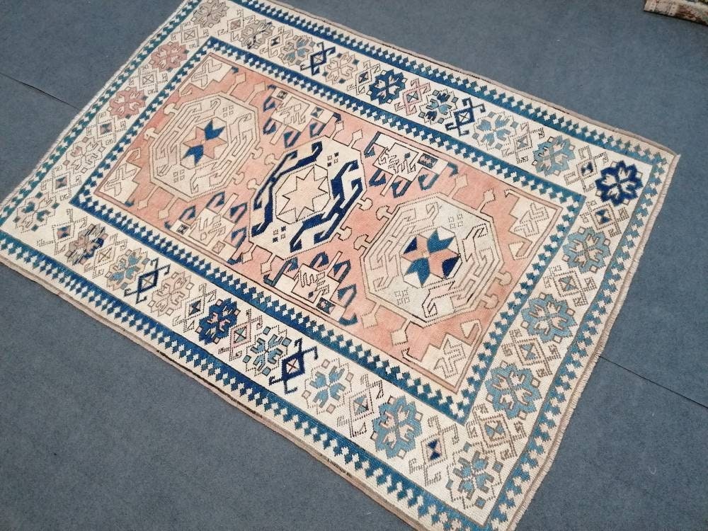 4.7 x 6 Oushak rug, blue turkish rug vintage rug  vintage oushak rug unique hand made rug kitchen rug bohemian rug