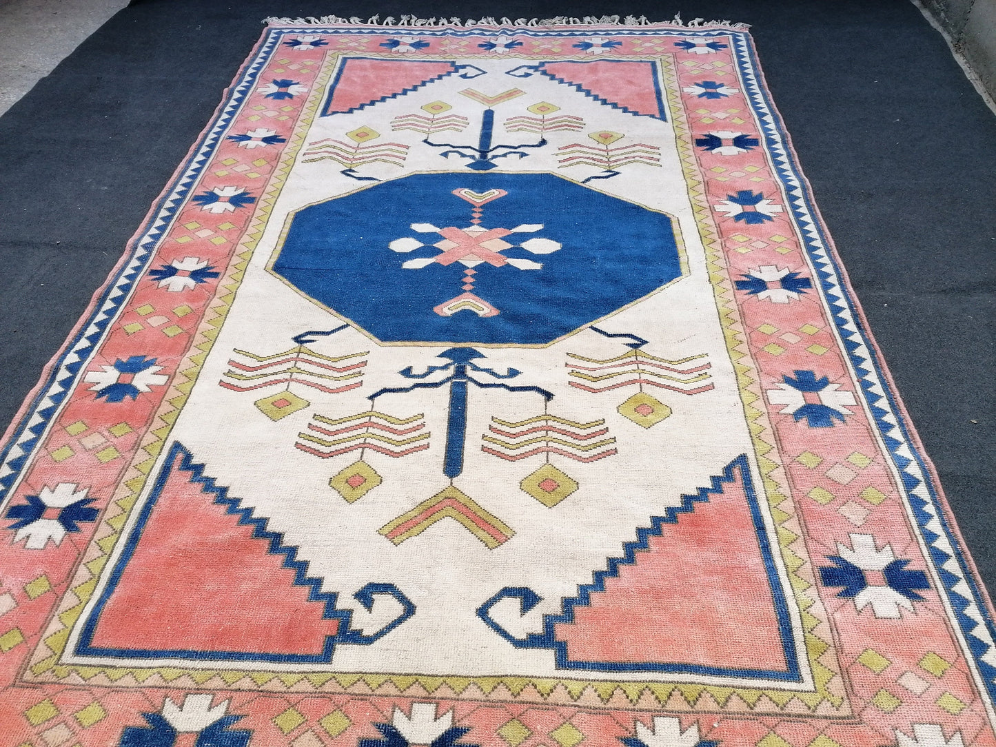 7.2 x 11 oushak wool rug, large turkish blue rug, vintage hand made rug, living room rug kitchen rug,