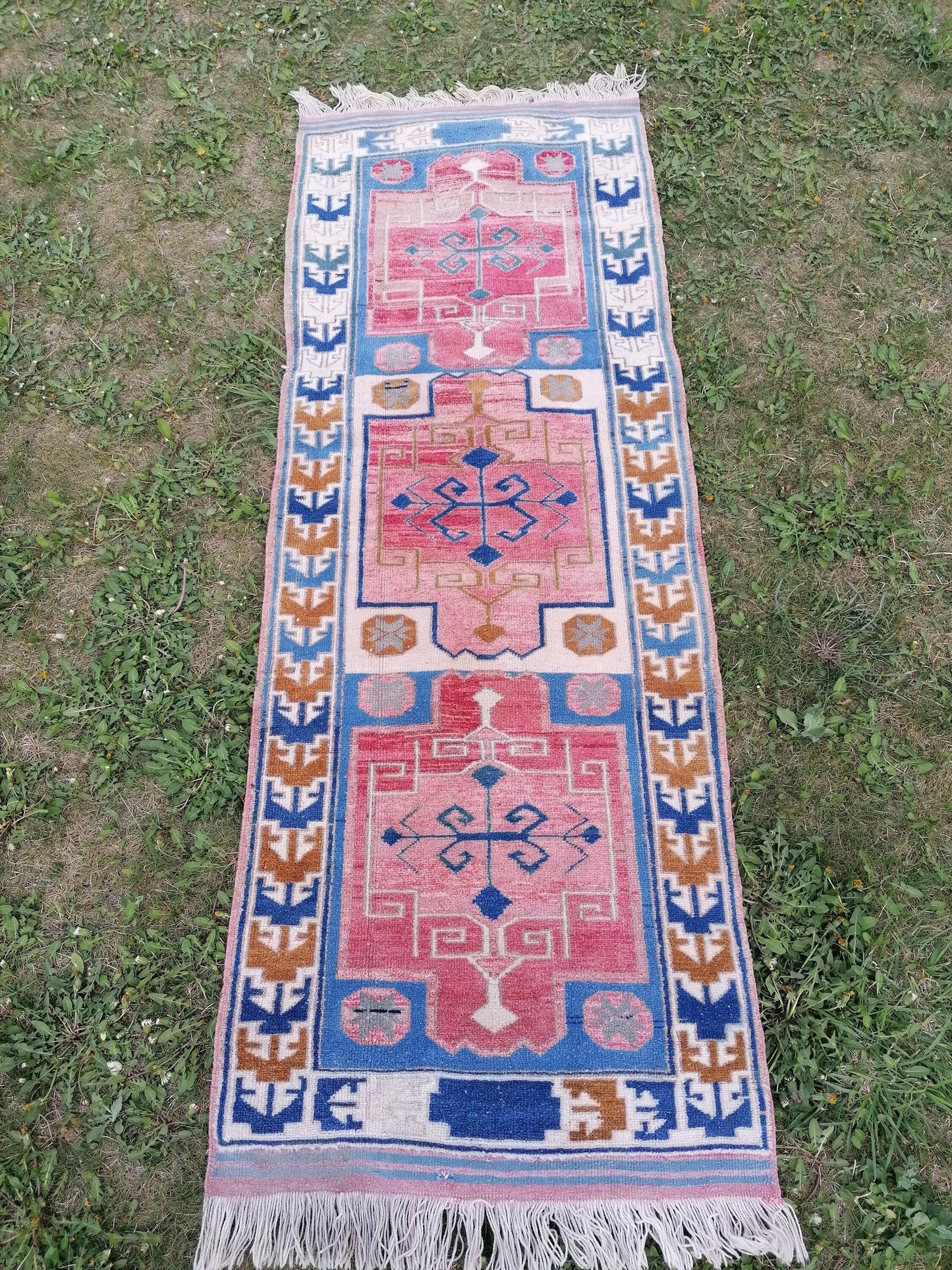 2.5 x 6.6 blue oushak runner, turkish runner rug, vintage runner rug hand made