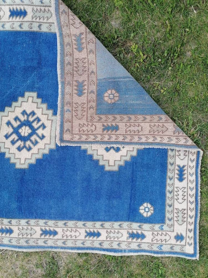 4 x 5.6 Turkish blue rug, vintage wool rug, oushak vintage rug,