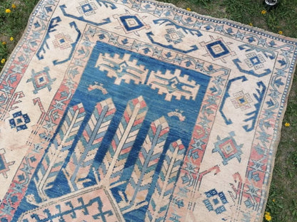 Blue vintage rug, vintage rug, turkish oushak rug 5.5 x 9.5 hand made wool rug,